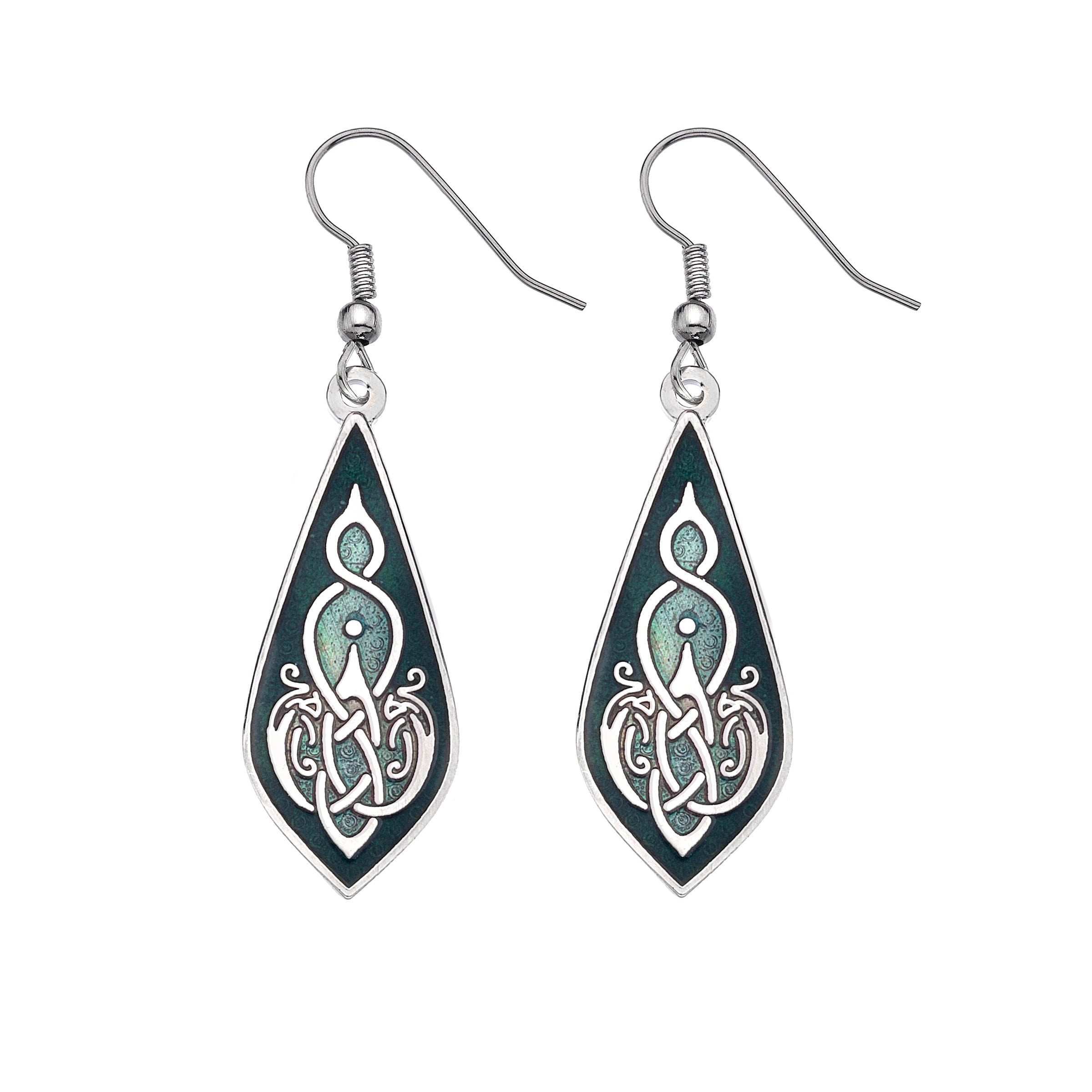 Green Teardrop Celtic Birds Earrings